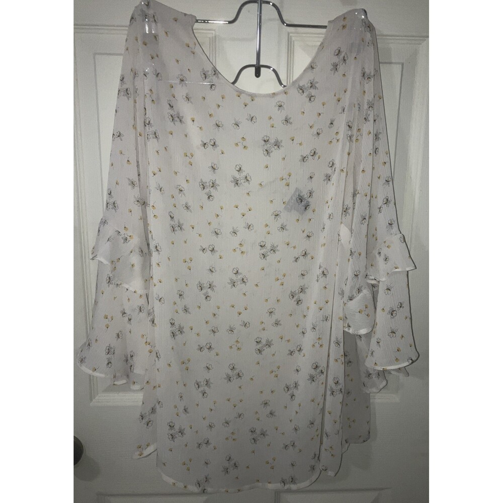 Torrid Cream w Yellow Floral Semi Sheer Ruffled Sleeve Chiffon Top Size 2X